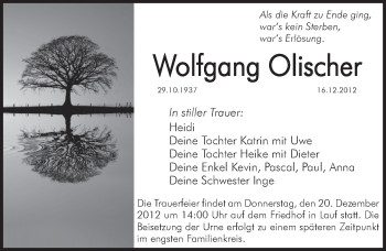 Traueranzeige von Wolfgang Olischer von Pegnitz-Zeitung